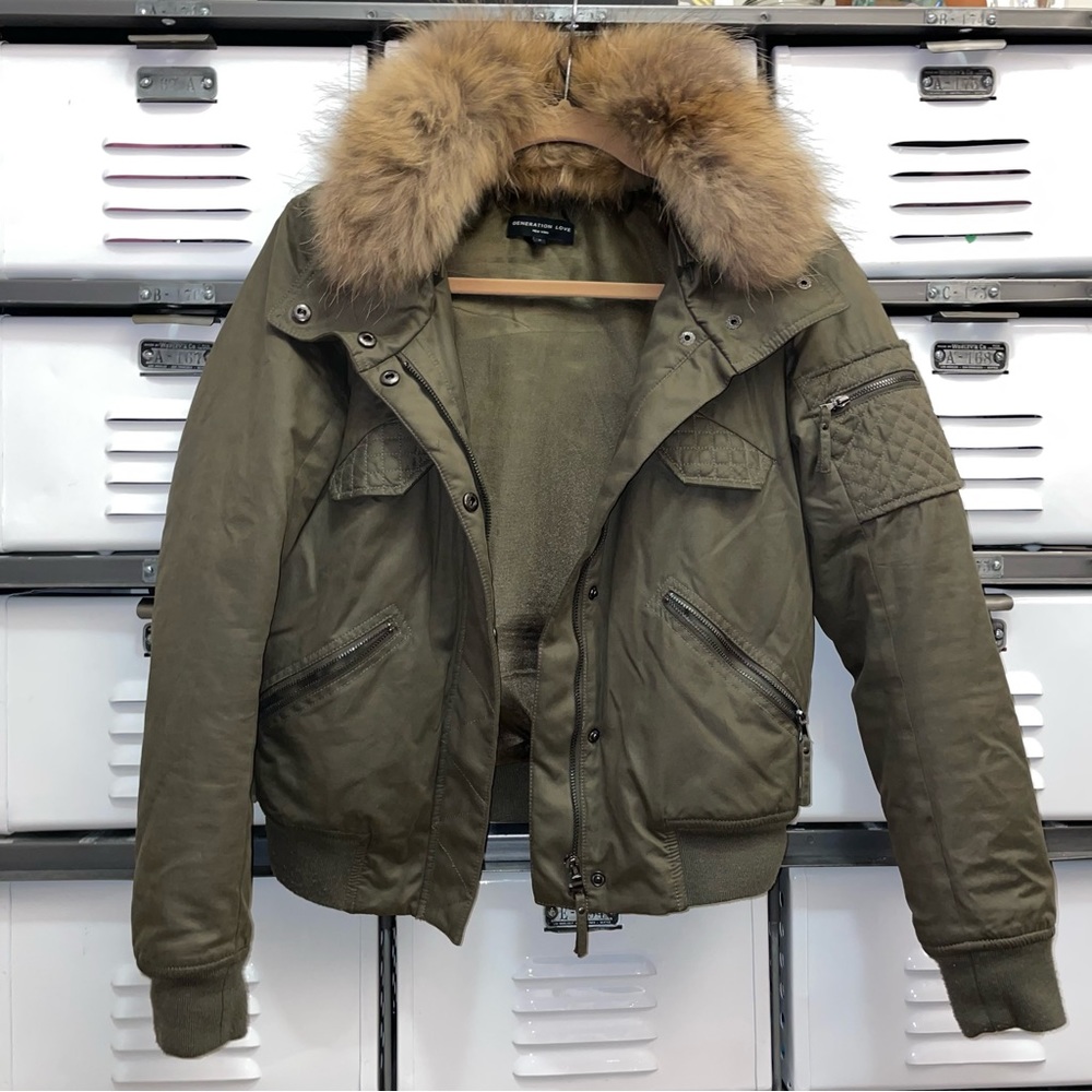 Generation Love Georgina Asiatic Raccoon Bomber Jacket In Olive Green🤍